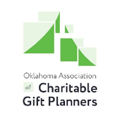 Oklahoma Association of Charitable Gift Planners logo with green geometric shapes.