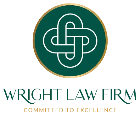 Wright Law Firm logo featuring a gold and green emblem with a knot design.